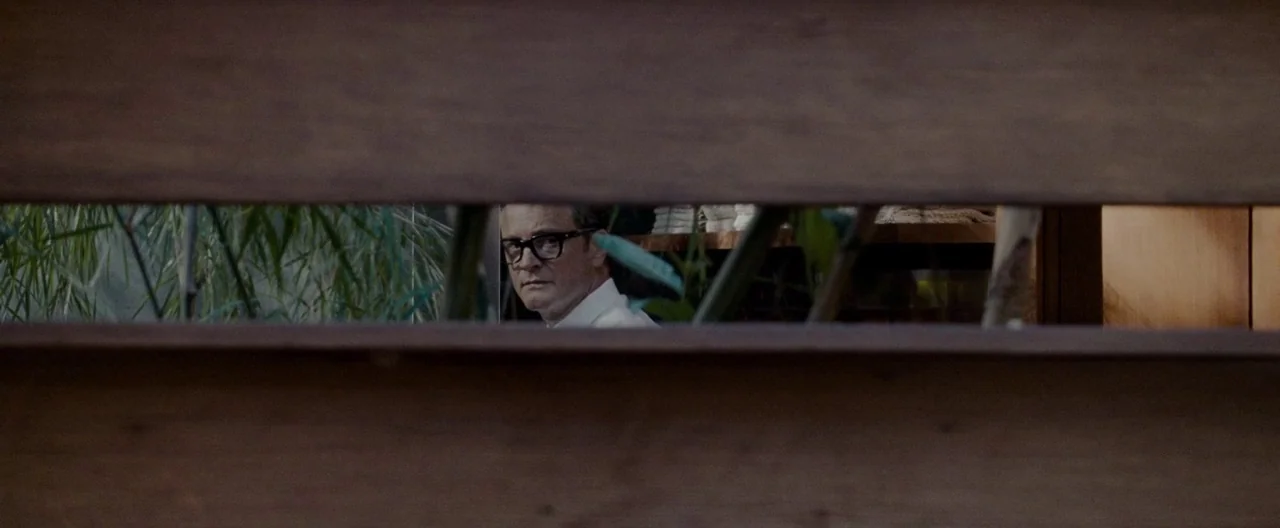 A Single Man (2009) movie still: closeup — A man is framed through a horizontal gap in a wooden slatted screen. The man stands inside, his head and…