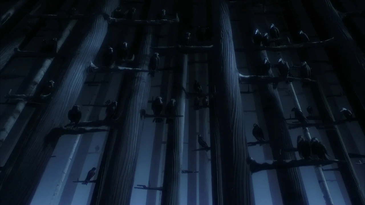 The Corpse Bride (2005) movie still: wide — A dense grove of tall, straight trees features multiple dark birds perched on branches. The scene is…