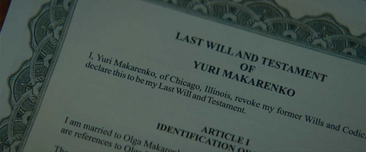 La herencia (2010) movie still: closeup — A close-up view of a typed legal document titled Last Will and Testament. The document contains formal…