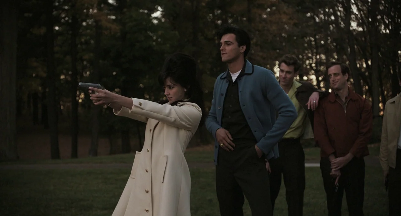 Priscilla (2023) movie still: medium — A group of people stand in a grassy park clearing at twilight. A woman with a bouffant hairstyle holds a…