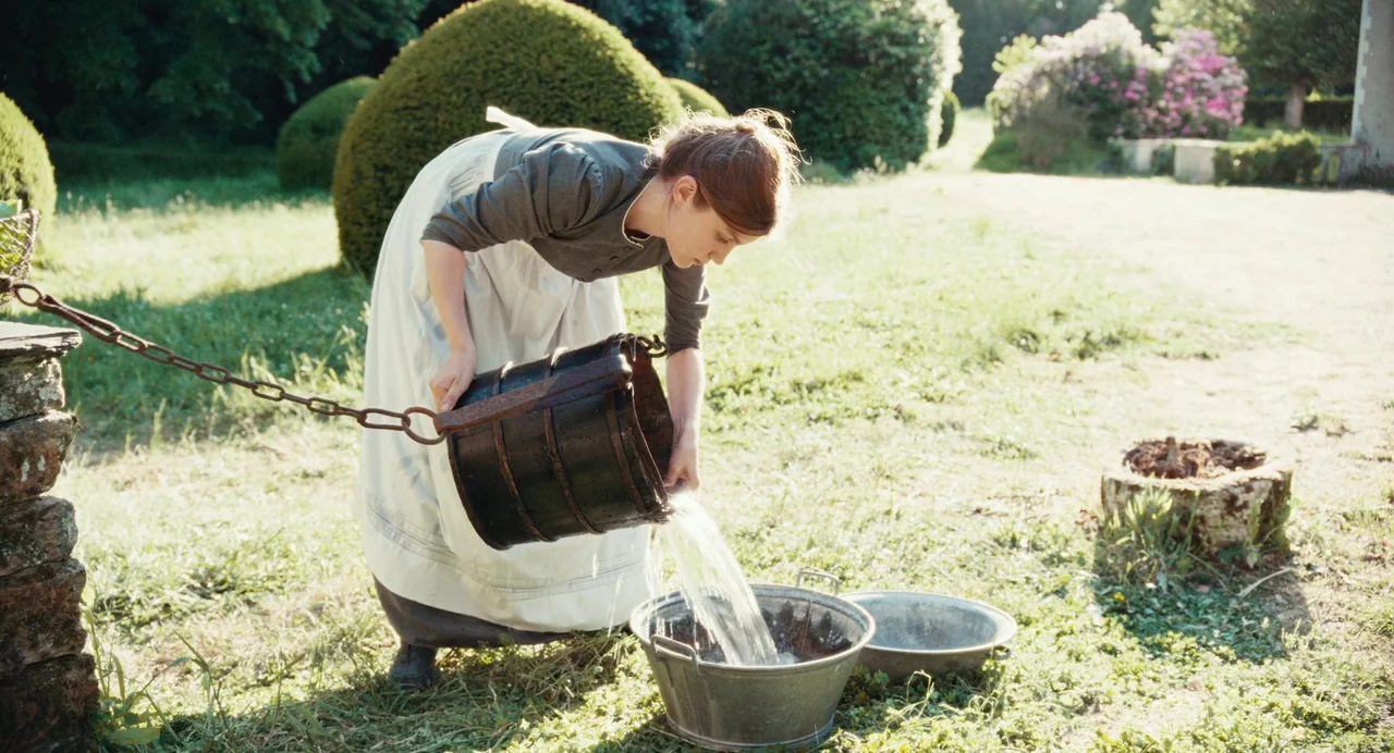 The Taste of Things (2023) movie still: medium — A woman in period-appropriate clothing stands on grass in a rural outdoor setting. She leans…