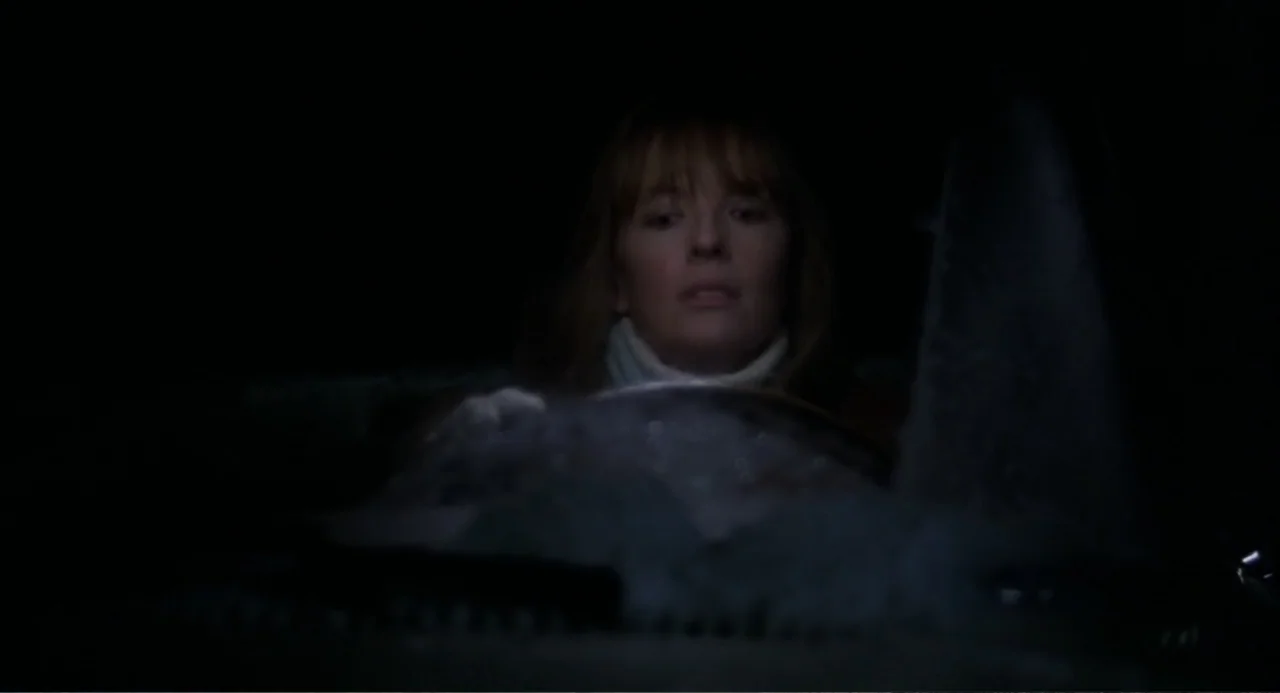 Baby Boom (1987) movie still: medium — A dark car interior at night with a dimly lit dashboard. A woman sits behind the steering wheel in a dark…