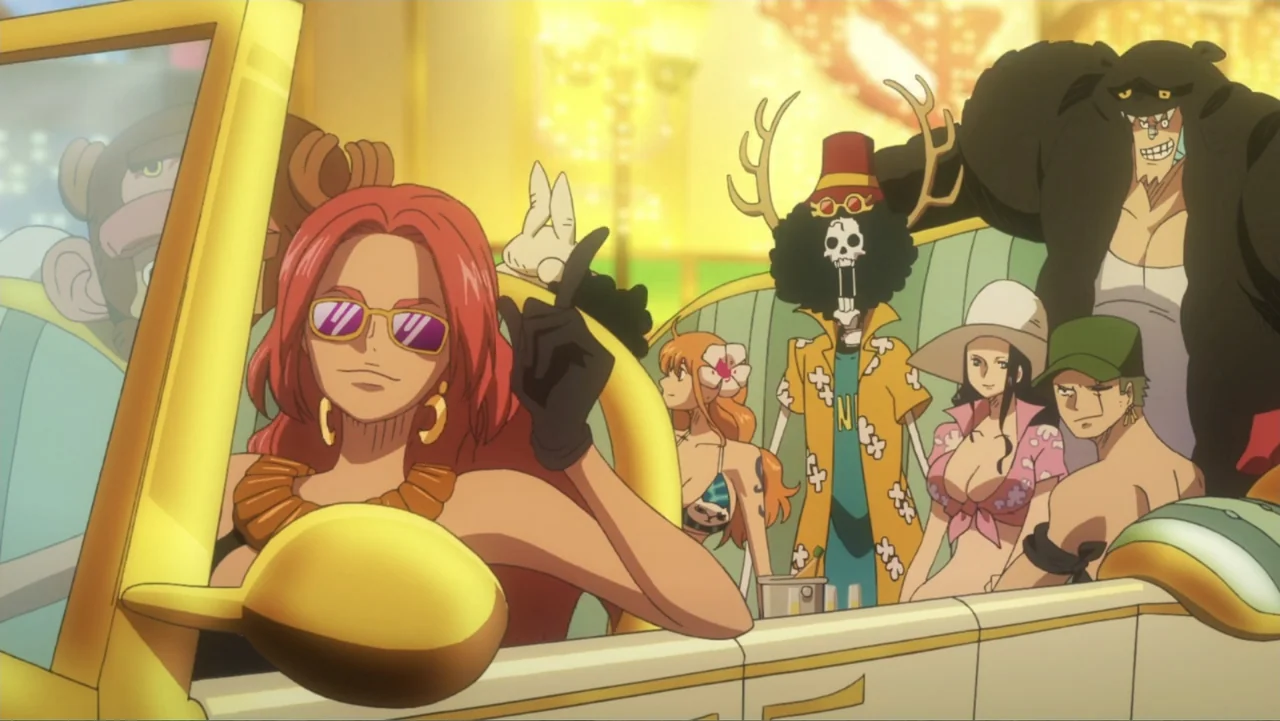 One Piece Film: GOLD (2016) movie still: medium — A group of diverse characters ride in a bright yellow convertible vehicle. They sit in the seats…