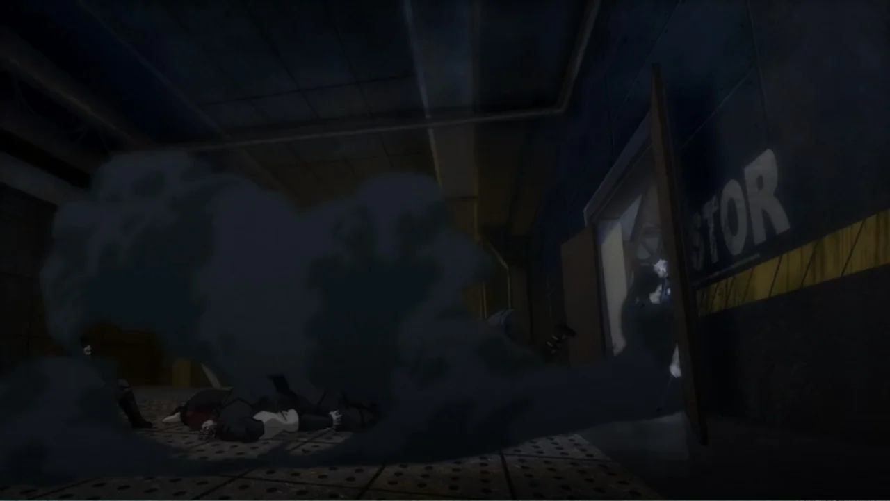 Batman: Assault on Arkham (2014) movie still: wide — A dark industrial storage room features metallic walls and a partially opened door. Dense dark…