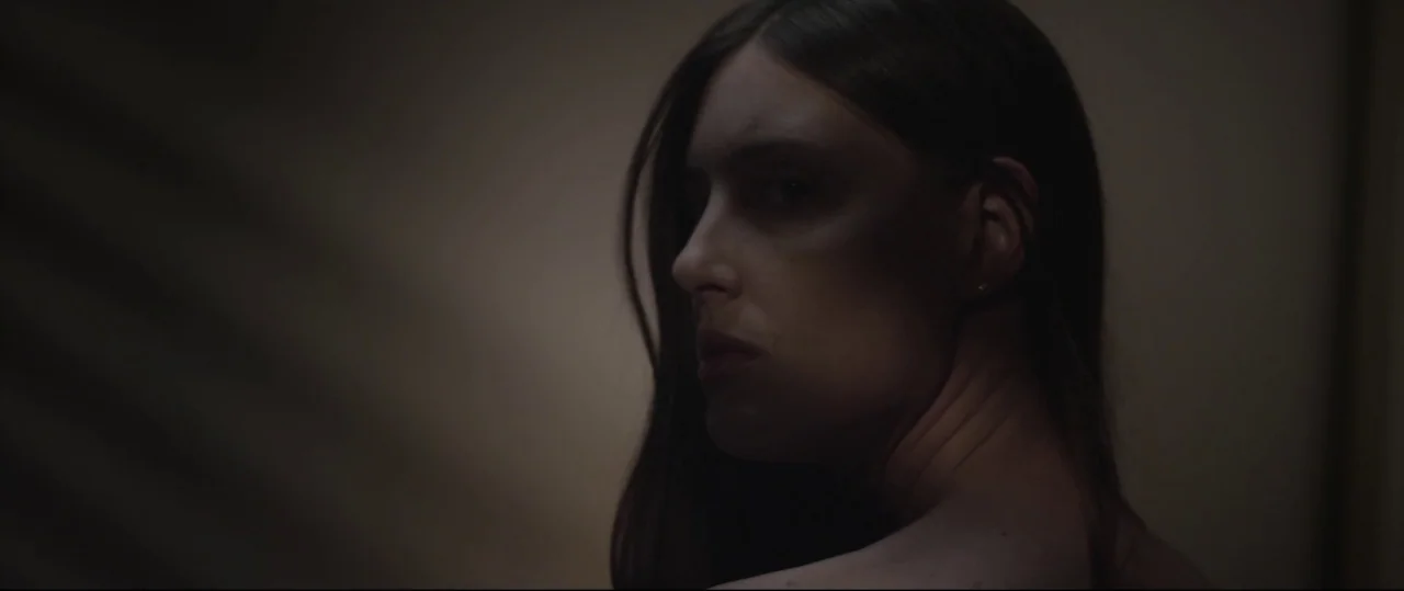 Sun Choke (2015) movie still: closeup — A dimly lit interior space with soft, obscure background textures. A woman with long brown hair looks…