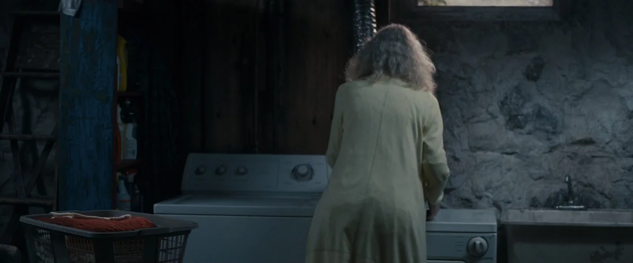 Strange but True (2019) movie still: medium — A basement laundry area with rough stone walls and a wooden storage rack nearby. An elderly woman…