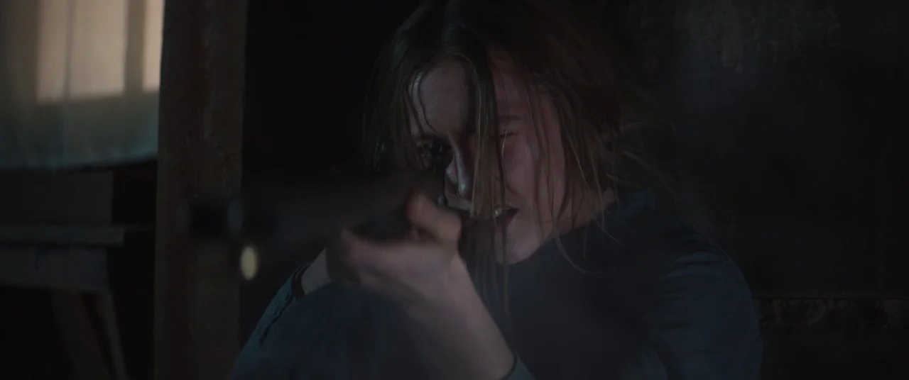 The Wind (2018) movie still: closeup — A dark, cramped interior with rough wooden walls is illuminated by faint daylight. A woman with disheveled…