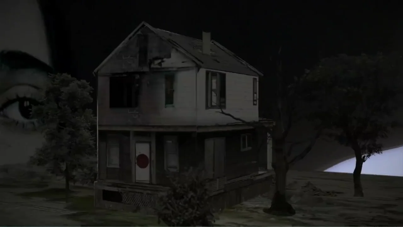 Inland Empire (2006) movie still: wide — A small two-story house with boarded windows and damaged siding sits in darkness. A massive eye appears in…