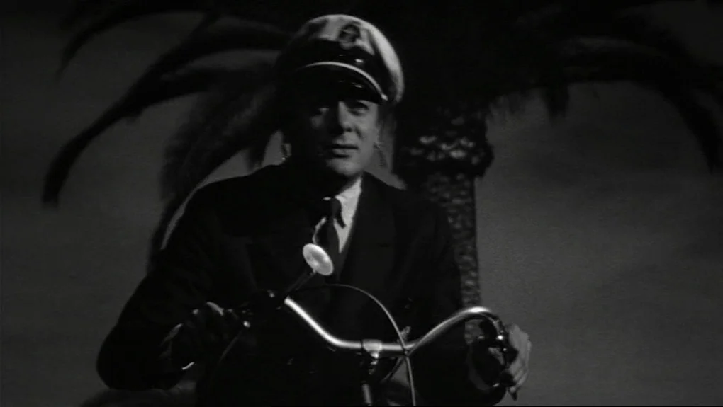 Some Like It Hot (1959) movie still: medium — A night exterior scene shows a man on a bicycle before a palm tree. The subject rides toward the…