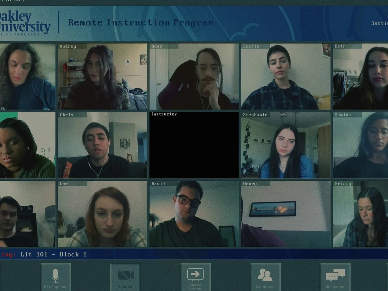 The Whale (2022) movie still: wide — A digital interface shows twelve video windows displaying students attending an online university lecture. One…
