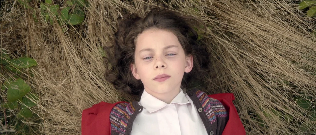 Nymphomaniac Vol 2 (2013) movie still: closeup — A patch of dry, golden-brown grass surrounds the head and shoulders of a child. The child lies flat…