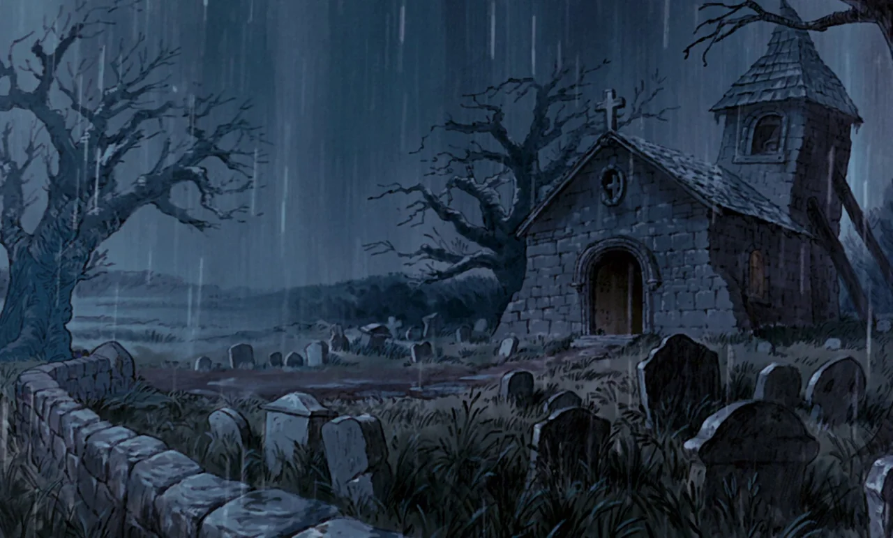 Robin Hood (1973) movie still: establishing — A stone chapel sits within a dark graveyard under heavy rainfall. Weathered headstones are scattered…