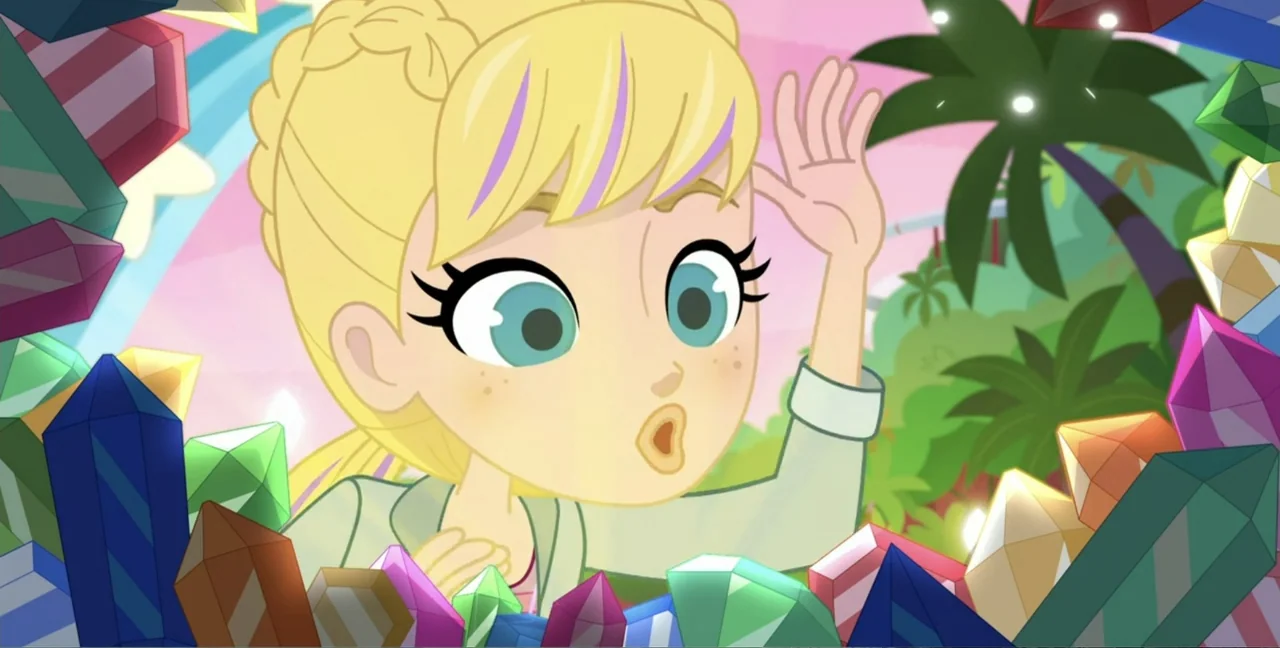 Polly Pocket Sparkle Cove Adventure (2023) movie still: medium — A stylized animated environment filled with large colorful crystals and tropical…