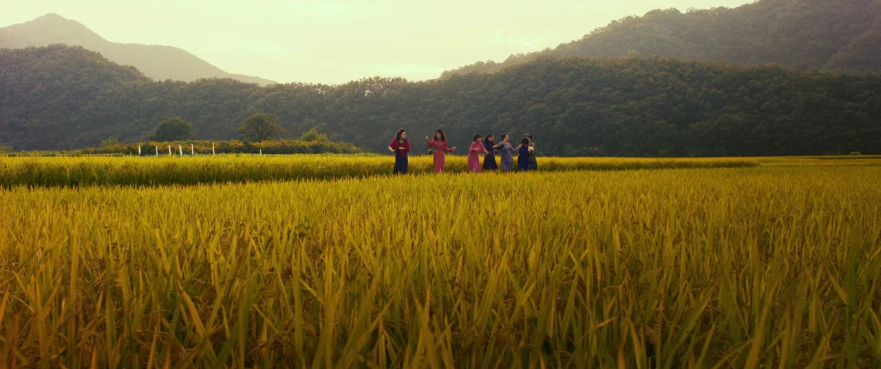 Swing Kids (2018) movie still: wide — A vast, yellow rice paddy stretches beneath a backdrop of densely forested rolling hills. Six women walk in a…