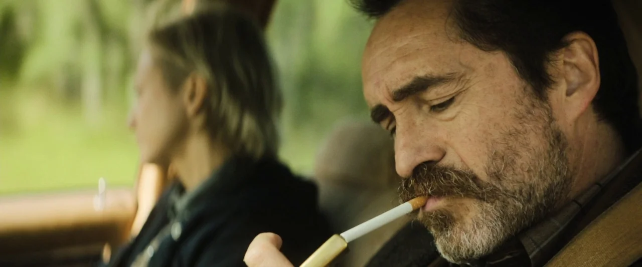 The Grudge (2020) movie still: closeup — The interior of a moving vehicle with a blurred green landscape visible through the window. A bearded man…