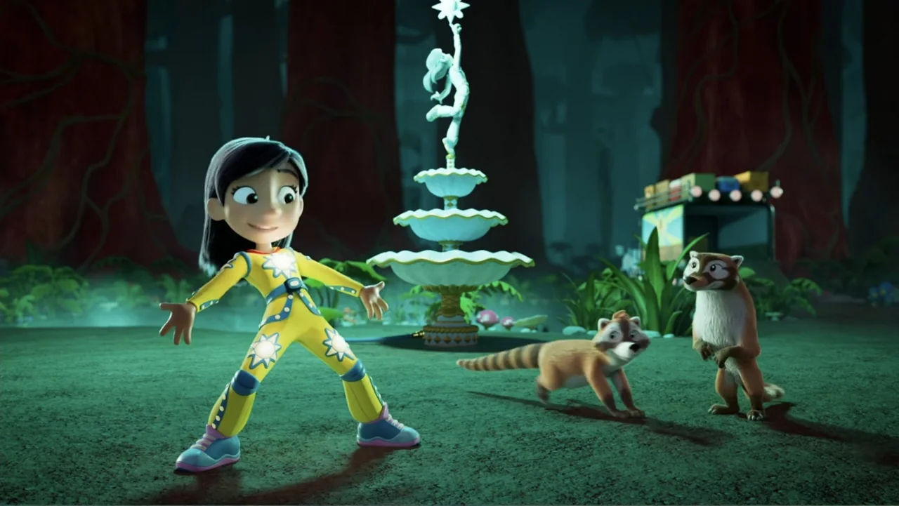 Valiente: A Tracker Story (2025) movie still: fullbody — A nighttime woodland clearing features a glowing tiered fountain with a statue on top. A…