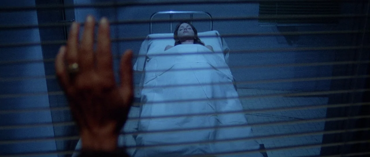 What Have They Done To Your Daughters? (1974) movie still: medium — A dark hospital room features a woman lying motionless under a white blanket. A…