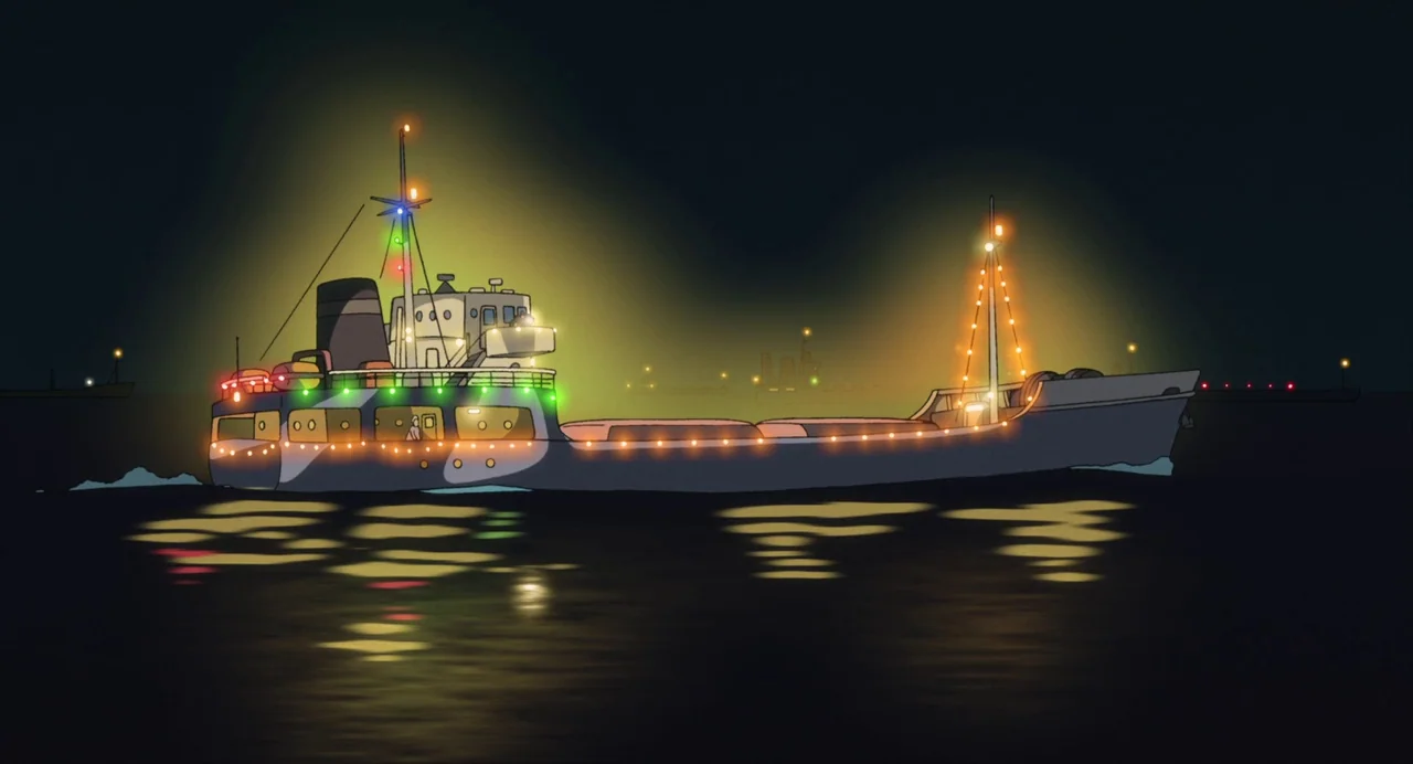 Ponyo (2008) movie still: wide — A cargo ship decorated with colorful string lights sails through a calm dark ocean. The ship has a dark hull and…
