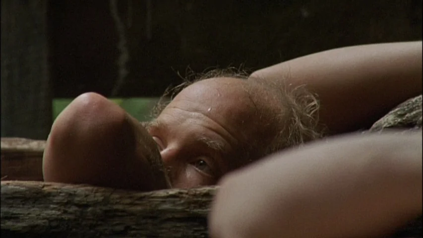 Old Joy (2006) movie still: closeup — An elderly man is submerged in a large, hollowed-out wooden log structure. He rests his head low, peering over…