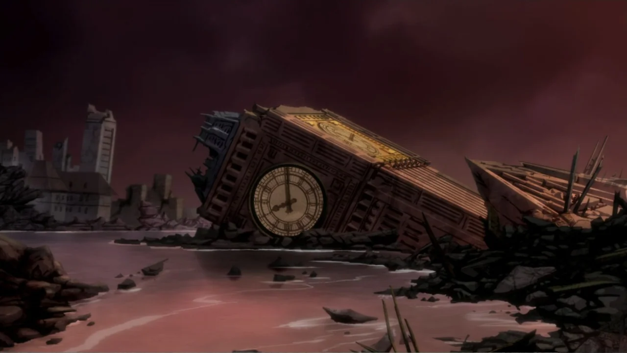 Justice League Dark: Apokolips War (2020) movie still: establishing — A destroyed city skyline sits under a dark sky with a ruined clock tower…