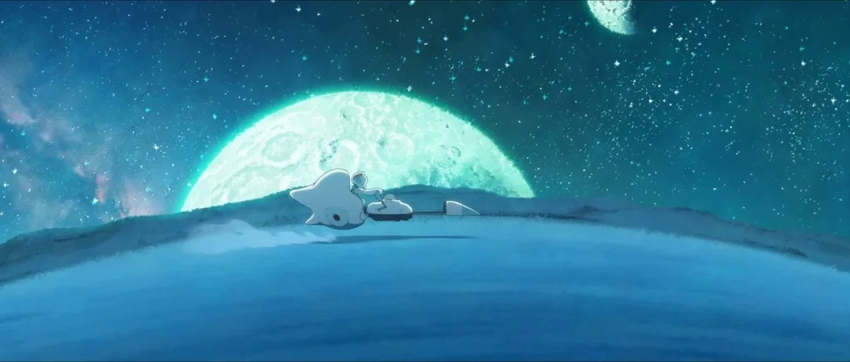 Star Wars: Visions (2021) movie still: wide — A vast cosmic horizon features a planet surface curving under a bright moonlit sky. A small white…