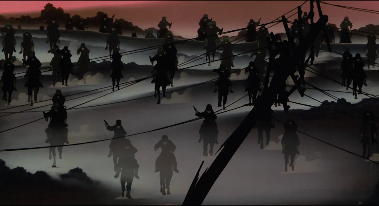 Millenium Actress (2001) movie still: wide — A dark, misty field is populated by many silhouetted cavalry riders against a pink sky. Rows of figures…
