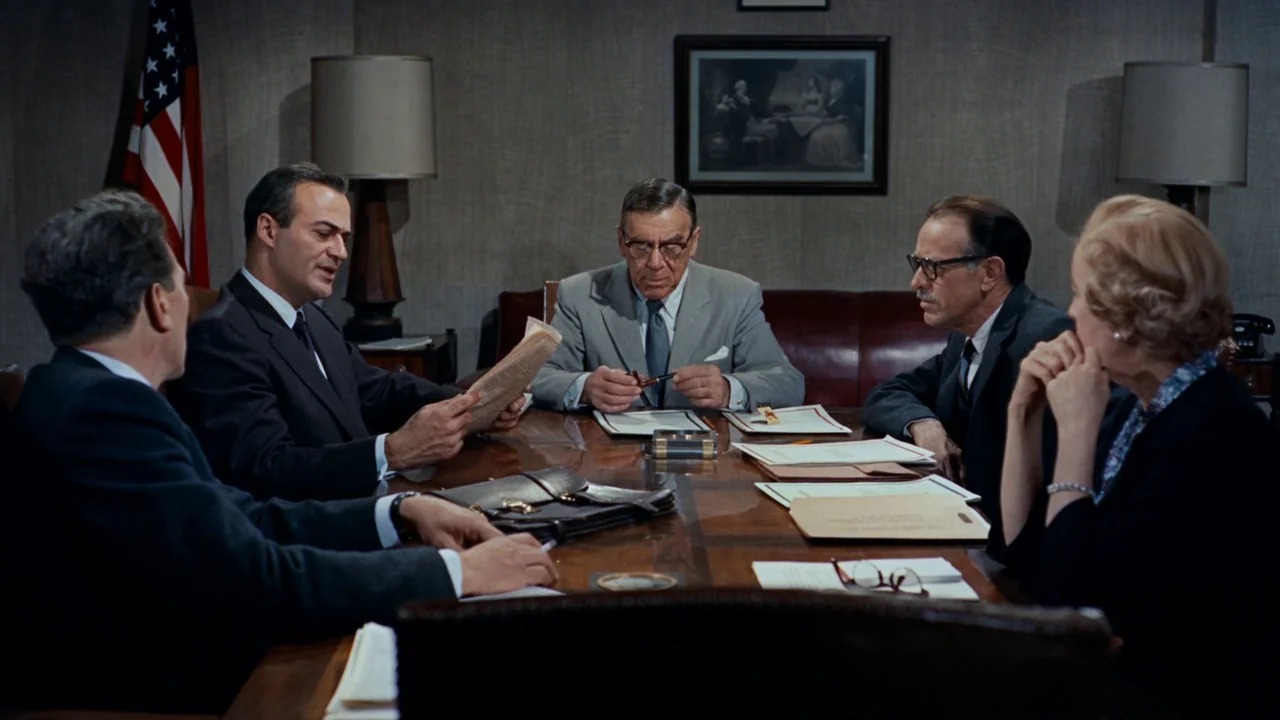 North By Northwest (1959) movie still: medium — A formal office with wood-paneled walls features a large polished conference table. Five…