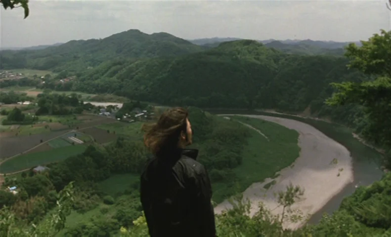 The Taste of Tea (2004) movie still: medium — A high vantage point overlooks a winding river flowing through a lush green valley. A man in a dark…