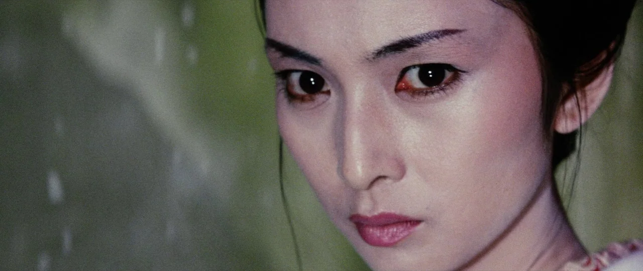 Lady Snowblood (1973) movie still: closeup — A close-up view focuses on a woman against a soft, light-colored background. The subject gazes directly…