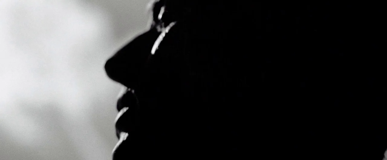 A Single Man (2009) movie still: closeup — A close-up view shows the side profile of a face rendered in pure silhouette. The subject is positioned…
