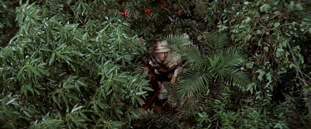 King Kong Vs. Godzilla (1962) movie still: wide — A dense jungle filled with lush green broadleaf plants and thin woody vines. A man in a khaki…