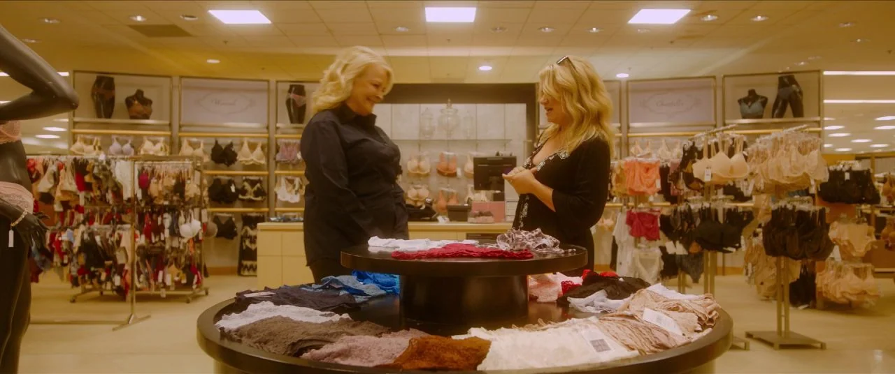Let Them All Talk movie still: medium — A well-lit lingerie department features organized racks of bras and a central display table. Two women stand…