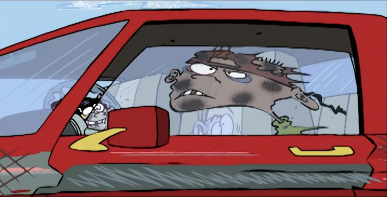 Ed, Edd n Eddy's Big Picture Show (2009) movie still: medium — Two animated characters are seated inside a red car with visible soot stains. The…