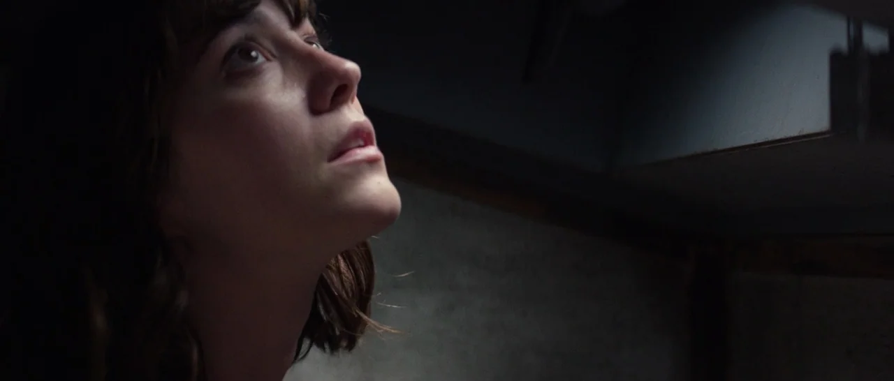 10 Cloverfield Lane (2016) movie still: closeup — A dimly lit concrete structure with shadows obscuring the upper reaches of the walls. A young…