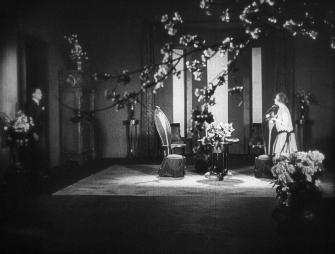 The Hands of Orlac (1924) movie still: wide — A formal drawing room features a central table, chairs, and large window panels. A man stands in the…