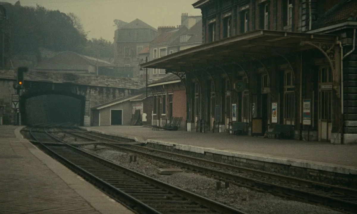 Muriel (1963) movie still: An empty, quiet railway station platform under a thick, overcast sky, where the cold, grey architecture of the terminal…