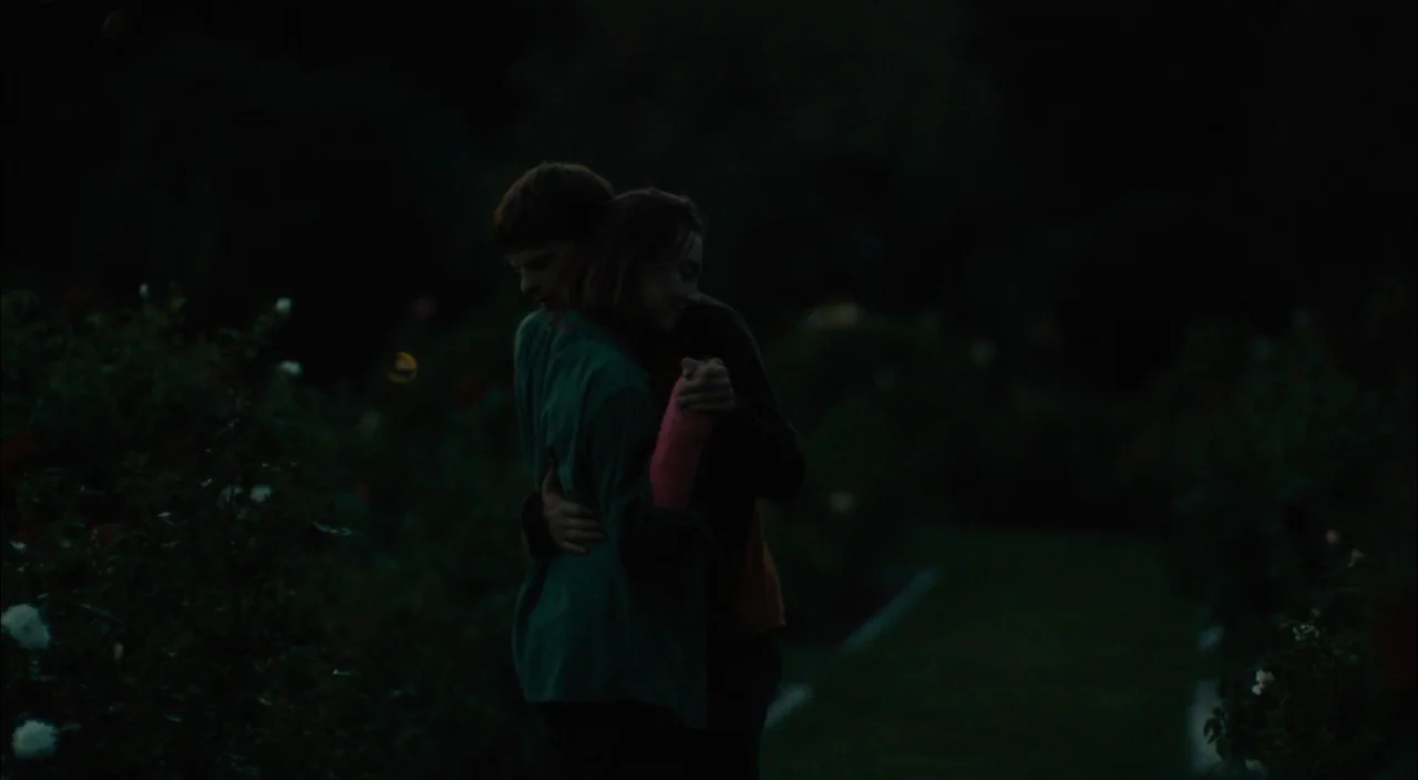 Lady Bird (2017) movie still: medium — A dark, nighttime garden featuring rows of low-lying rose bushes. A man and a woman stand closely together in…