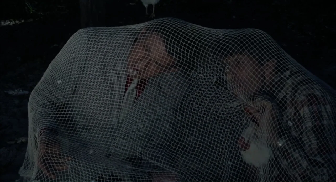 Cottonpickin' Chickenpickers (1967) movie still: medium — Two individuals are positioned close together in a dark, outdoor environment at night.…