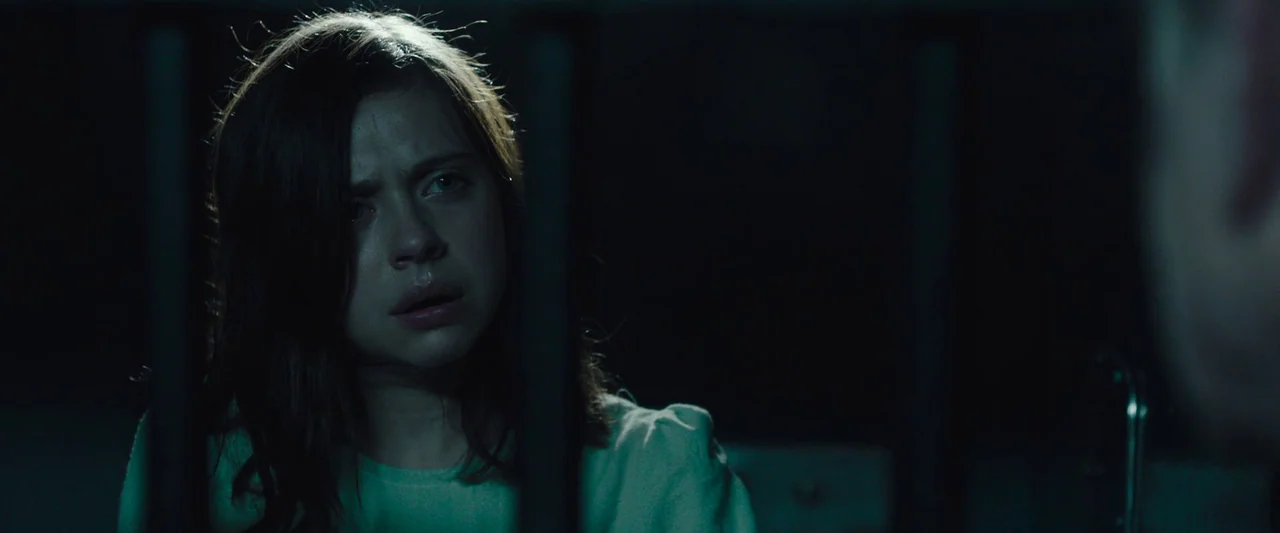 Wildling (2018) movie still: closeup — A dark, cramped space defined by vertical black iron bars in the foreground. A teenage girl with wavy brown…