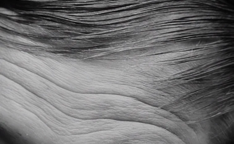 The Cremator (1969) movie still: closeup — An extreme close-up focuses on the weathered texture of a person's forehead. Strands of thin hair drape…