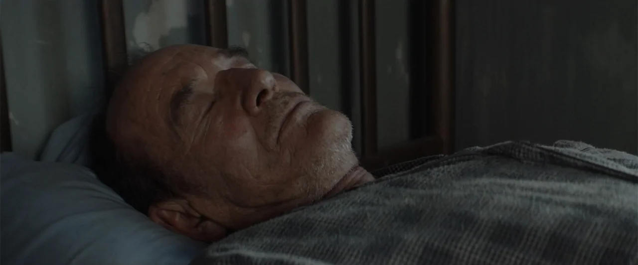 My Neighbor Adolf (2022) movie still: closeup — An interior bedroom features a bed with dark wooden headboard slats visible behind. An elderly man…