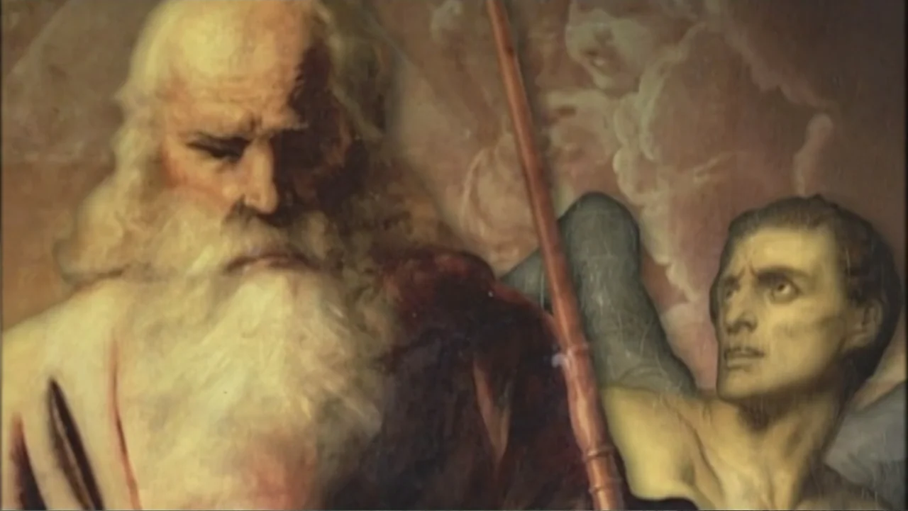 Beware of Angels (2016) movie still: medium — A close-up view of a classical oil painting depicting two male figures. The bearded elder stands next…