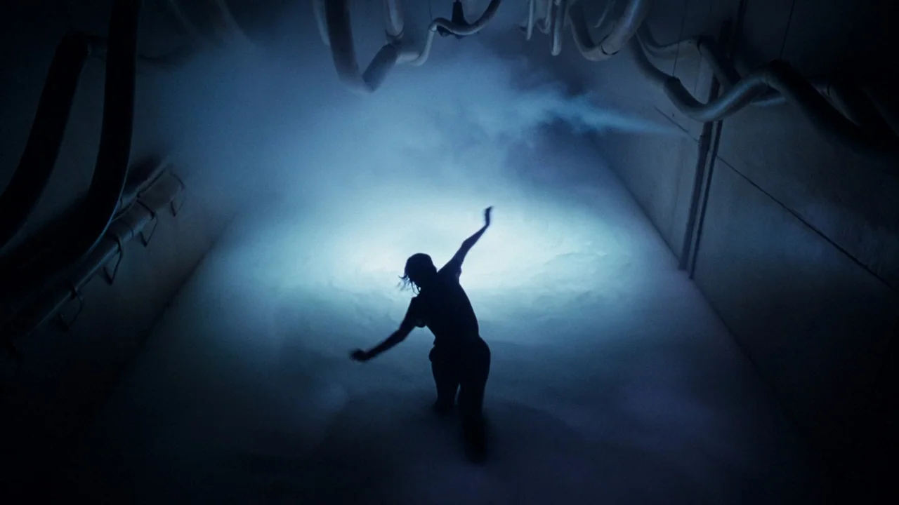 Altered States (1980) movie still: wide — An industrial chamber is filled with thick, low-lying ground fog and overhead pipe infrastructure. A lone…