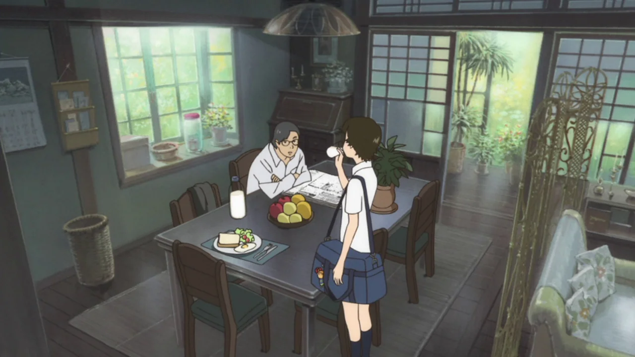 The Girl Who Leapt Through Time (2006) movie still: wide — A sunlit dining room features dark wood furniture and large windows overlooking lush…