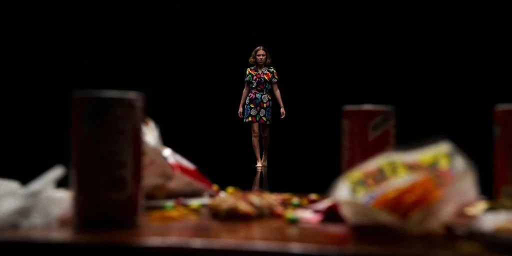 Stranger Things (2019) movie still: wide — A dark, infinite void with a reflective black floor stretches into the distance. A girl in a colorful…