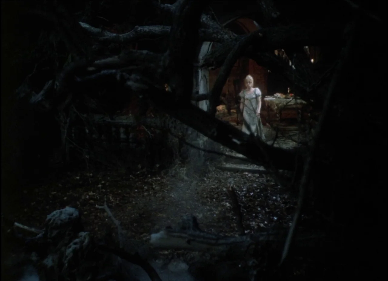 Beauty and the Beast (1979) movie still: wide — A dark, gnarled tree canopy frames a distant, illuminated building structure in the background. A…