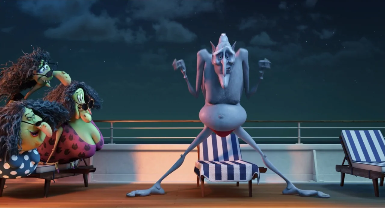 Hotel Transylvania 3: Summer Vacation (2018) movie still: fullbody — A wooden cruise ship deck at night features lounge chairs under a dark sky. A…