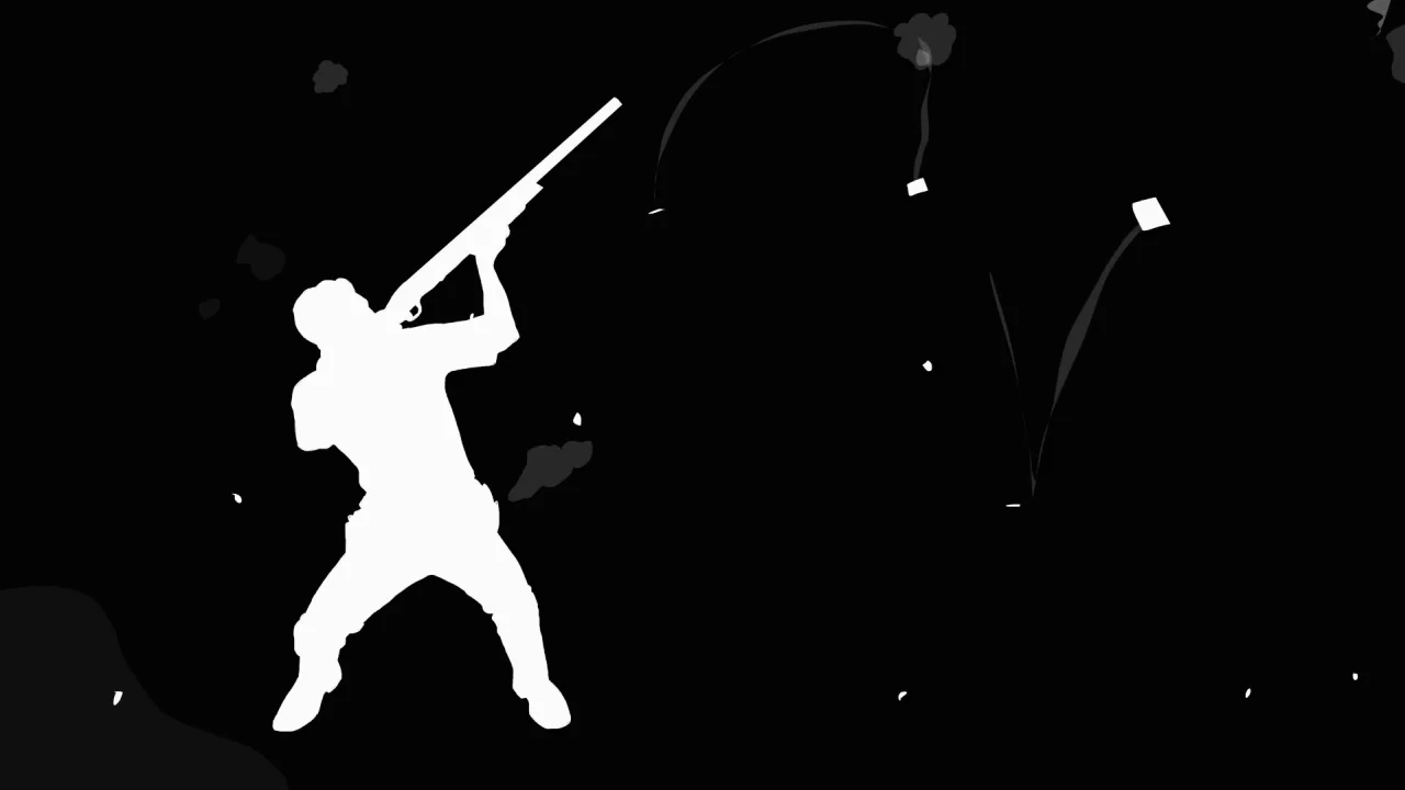 Tower (2016) movie still: fullbody — A stark minimalist animation of a figure standing in a void. A white silhouetted man aims and fires a long gun…