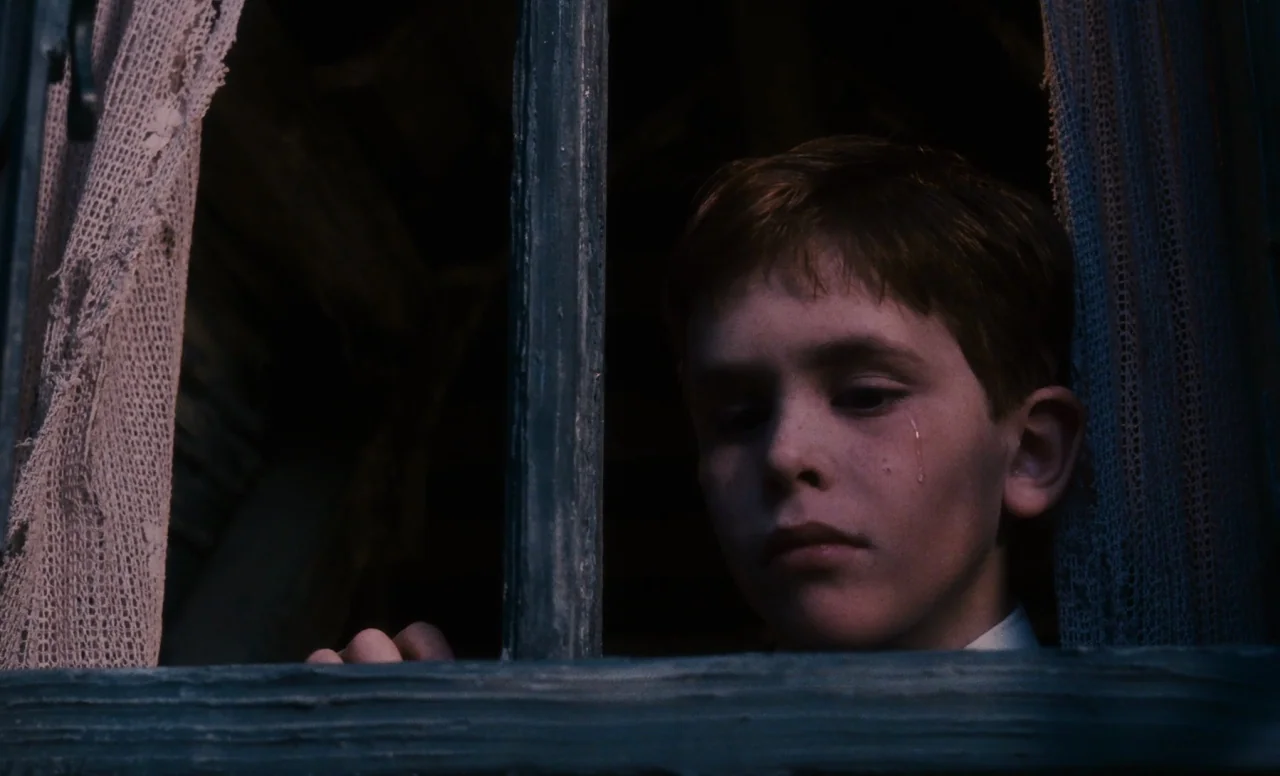 James and the Giant Peach (1996) movie still: closeup — A dark wooden window frame is flanked by tattered, light-colored lace curtains. A young boy…