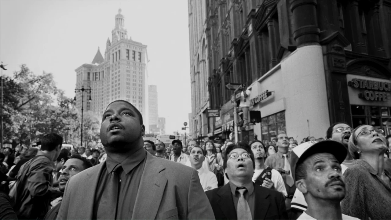In the Shadow of the Towers: Stuyvesant High on 9/11 (2019) movie still: medium — A densely populated urban street corner features historic…